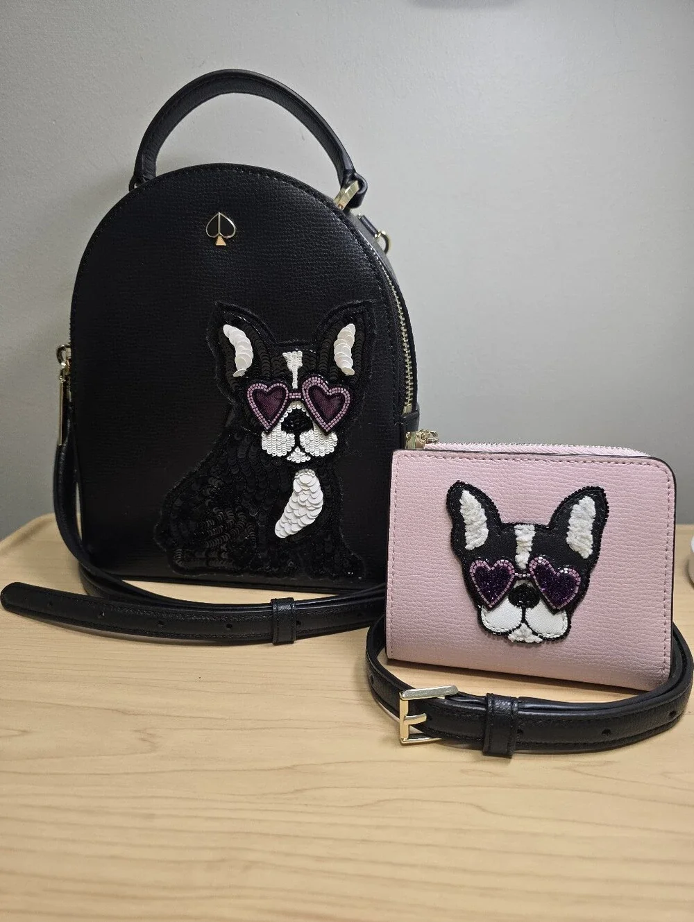 KATE SPADE Mini Black Leather Backpack with Pink Wallet and Dog Sequin Appliqués